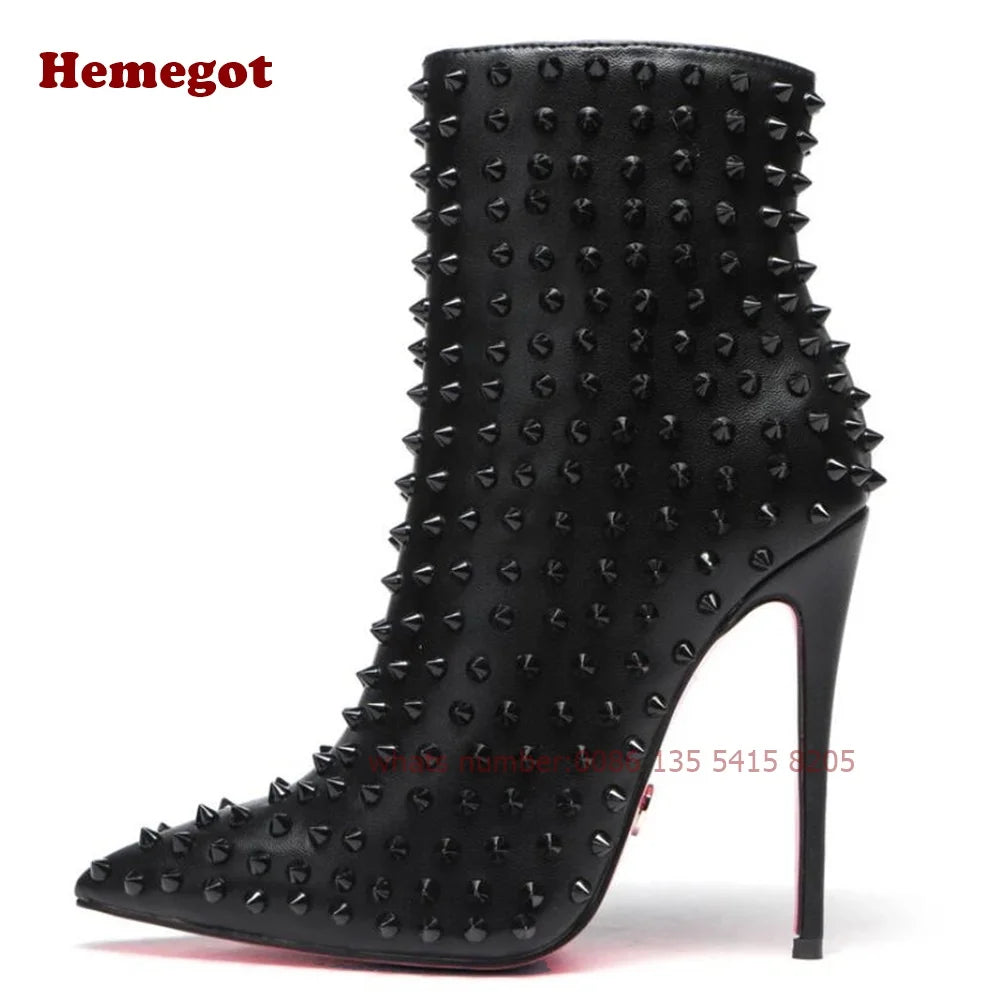 Black Rivet Pointy Ankle Boots Full-Studded Stiletto Heels