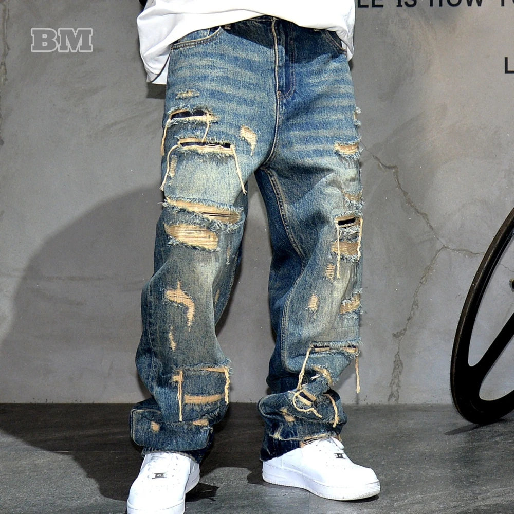 American Streetwear Hand Sewn Patch Ripped Jeans