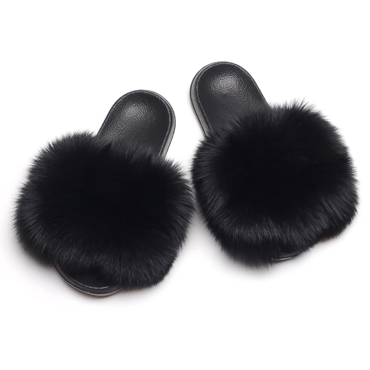 Real Fox Raccoon Slippers Pom Pom Fur Slides