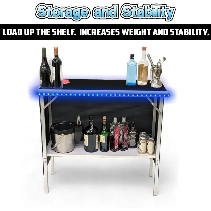 Folding Portable Bar w/LED Lights, Remote, 2 Bar Skirts, & Carrying Case