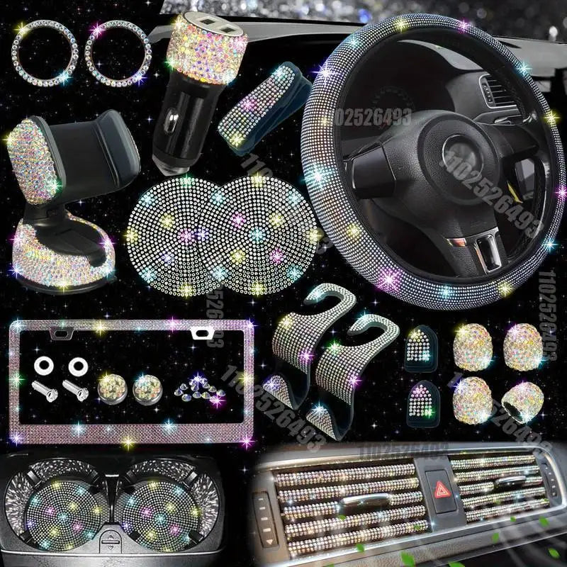 Set 27 Piece Women Bling Universal Fit Steering Cover Shiny License Frame Phone Holder Coasters Tools