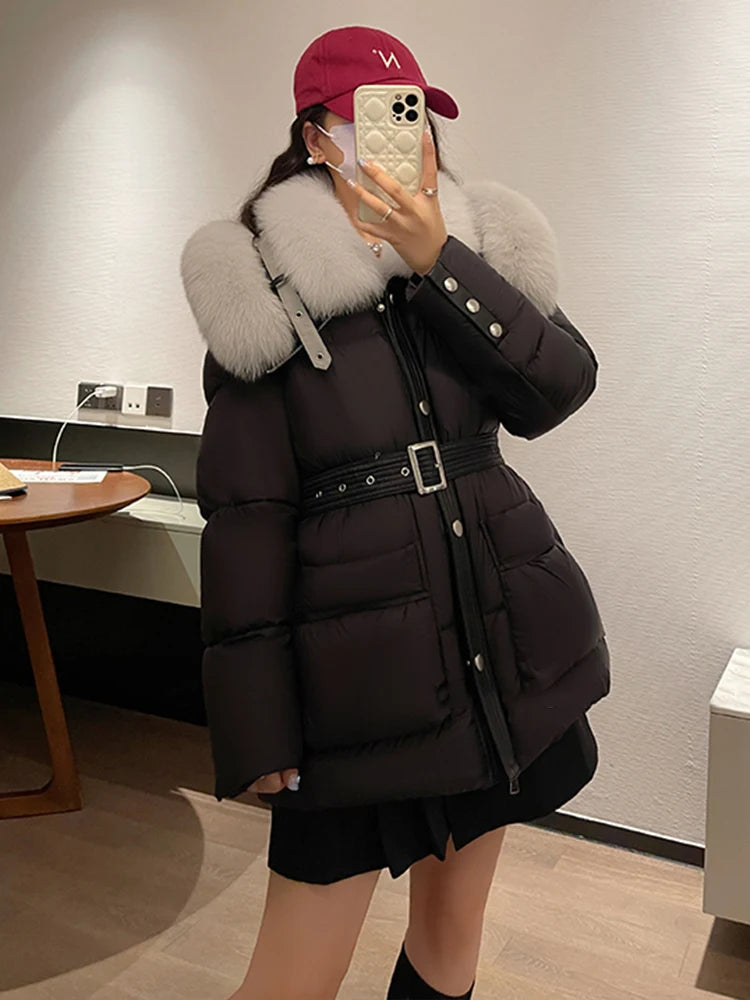 Warm Goose Down Puffer Jacket Natural Fox Fur Collar