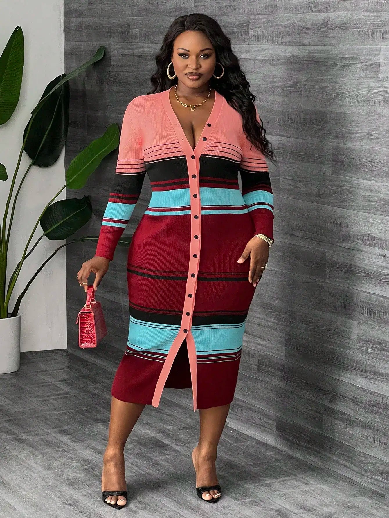 Plus Size Striped Knit Cardigan Dress