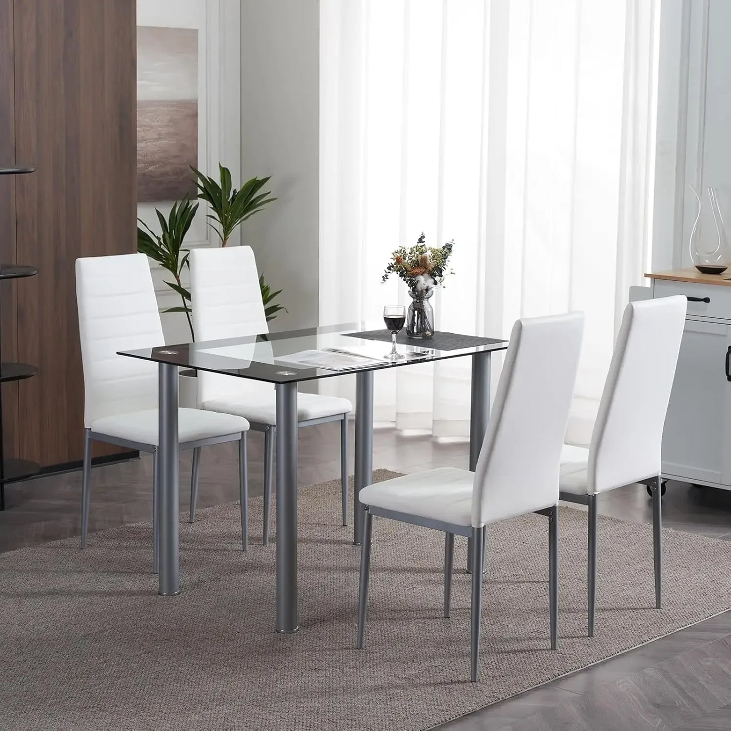 5-Piece Set with Glass Dining Table and 4 PVC Chairs