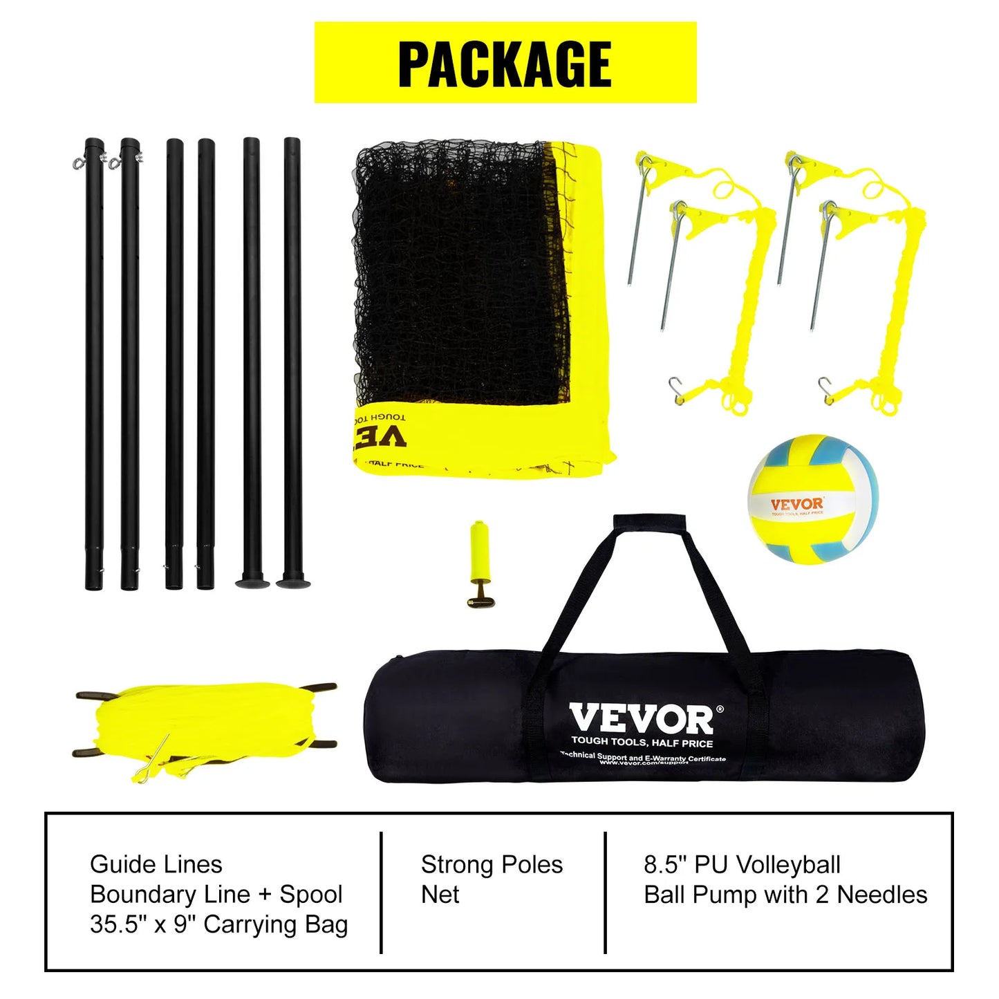 Outdoor Volleyball Adjustable Steel Poles with PVC Volleyball Pump Carrying Bag