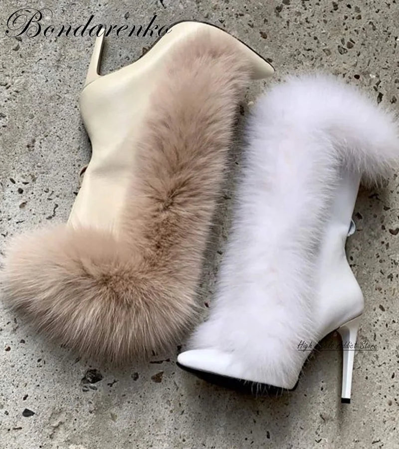 White\Beige Fur Mid Calf High Heel Pointed Toe Boot