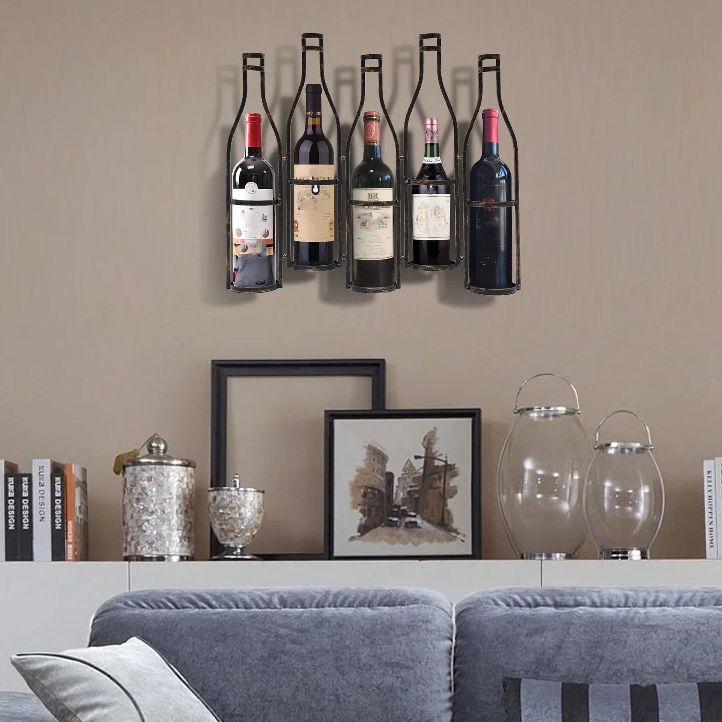 Antique Bronze Wall Mounted Wine Rack for 5 Bottles