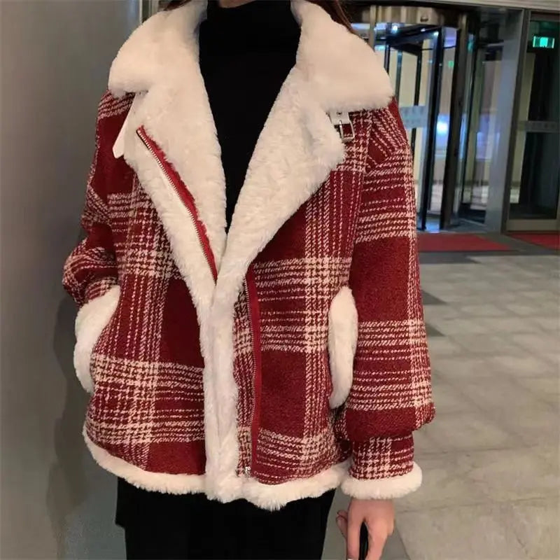 Fashion Plaid and Velvet Padded Little Woolen Coat