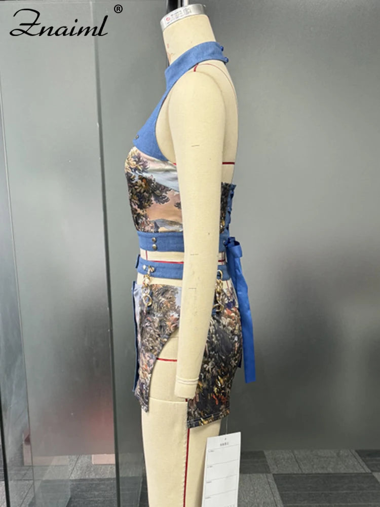 Elegant Lace-Back Printed Beach Two-Piece Top and Skirt