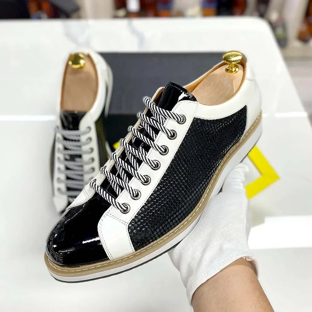 Patent Leather Lace-up Black White Casual Shoes for Men