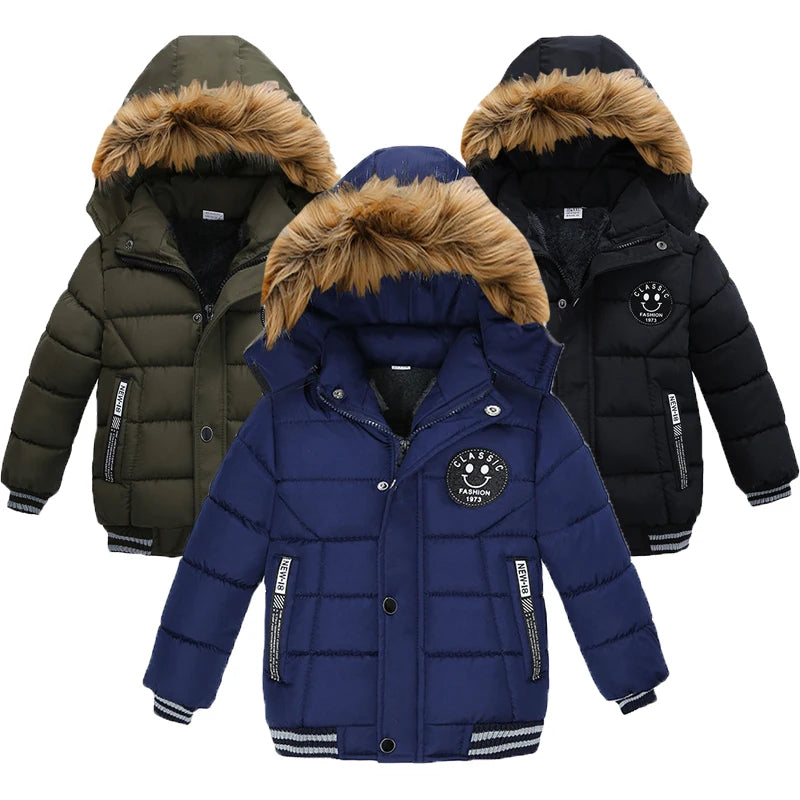 Boys Hooded Zipper Fashion Fur Collar Outerwear