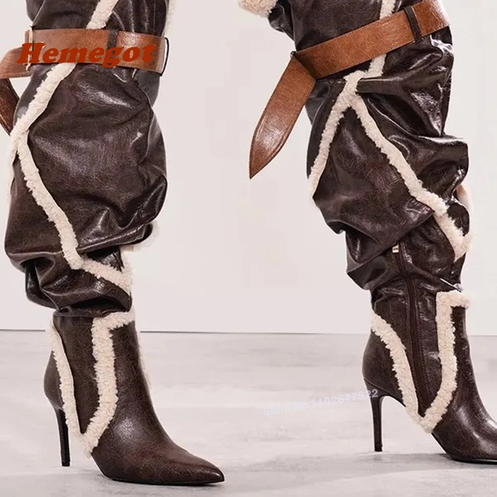 Patchwork Plush Leather Over the Knee Boots Pointy Toe Stiletto Heels