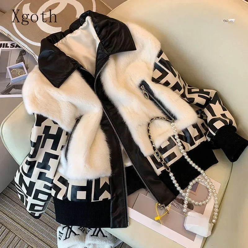 Turndown Collar Letter Printed Plush Long Sleeve Jacket