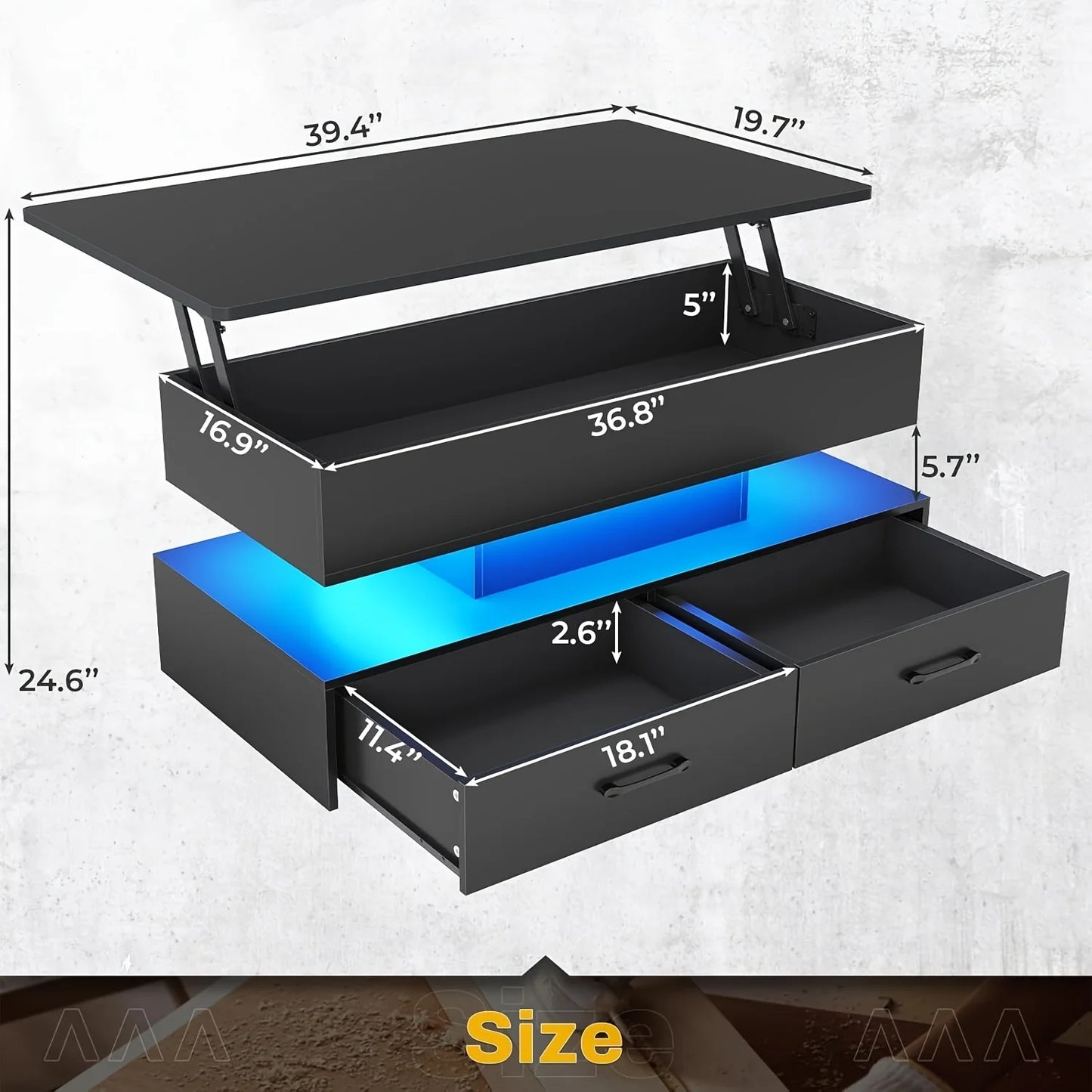 40-Inch Lift-Top Coffee Table with Two Drawers and LED Lighting