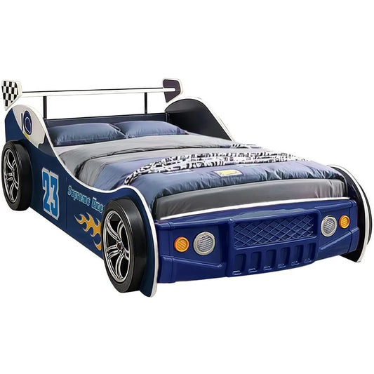 Twin Size Race Car Shaped Platform Bed Frame with Headboard Wheels