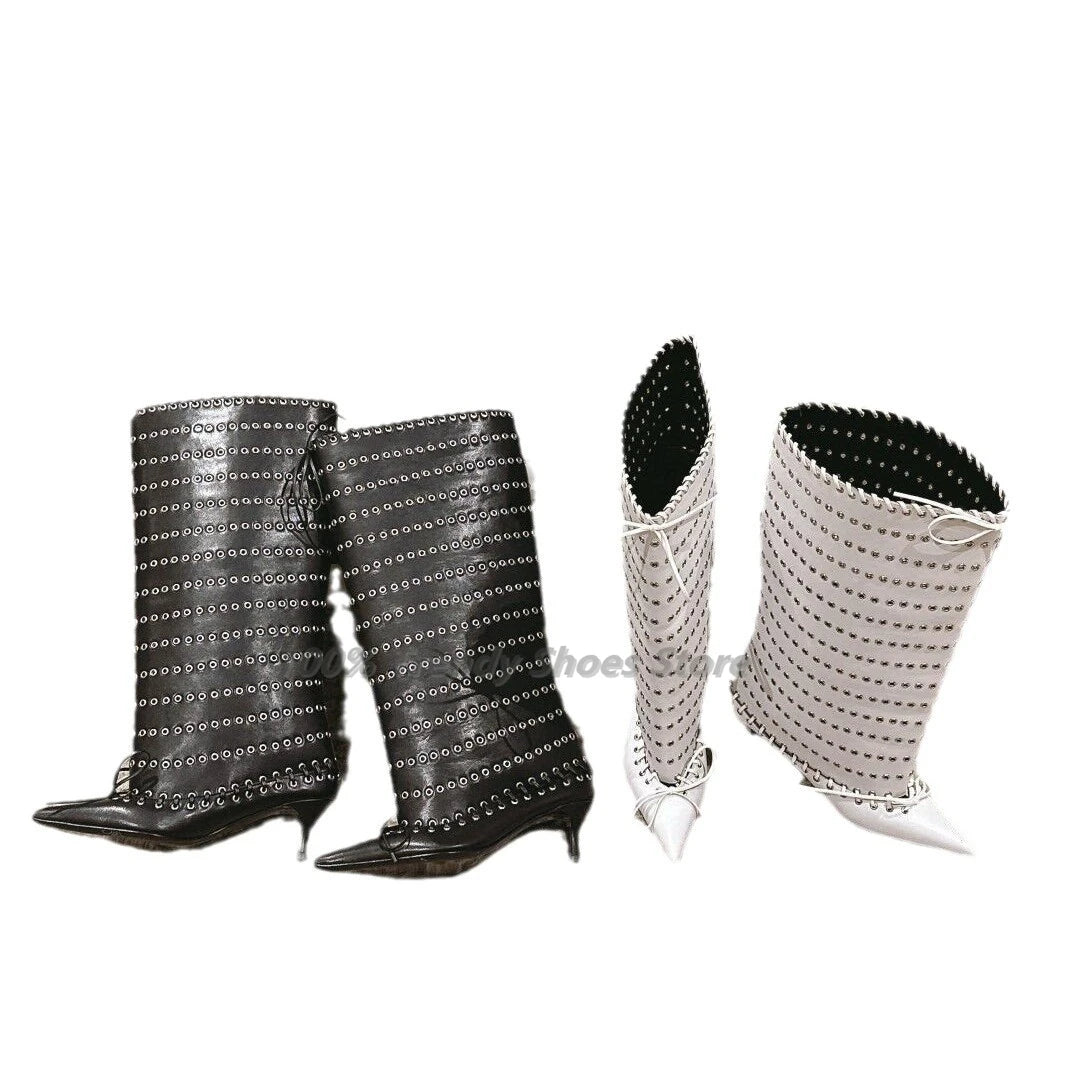 Cowhide Rivet Fashion Boots Big Tube Runway Style
