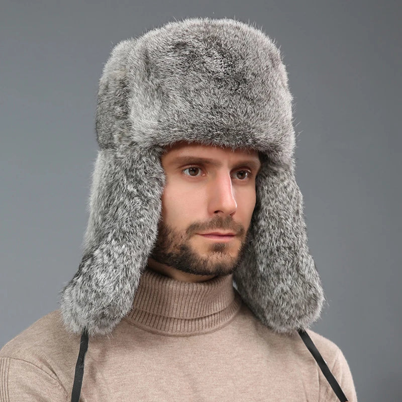 Men Real Rabbit Fur Trapper Russian Hat