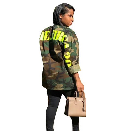 Women's Green Camouflage Long Jacket Streetwear