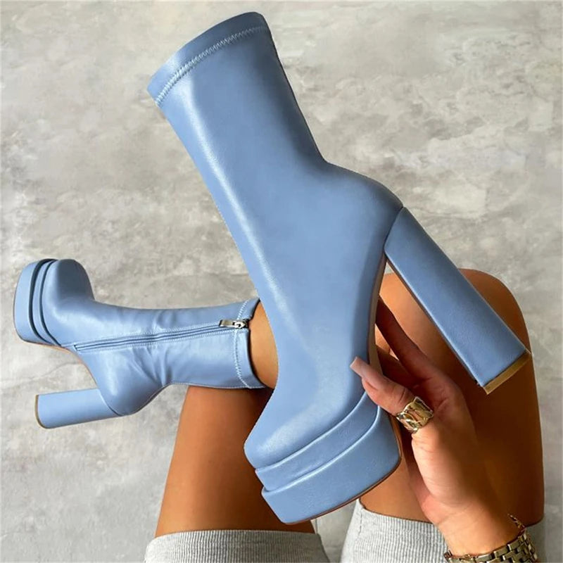 Three-Layer Waterproof Platform Square Toe Soft Mid-Boots
