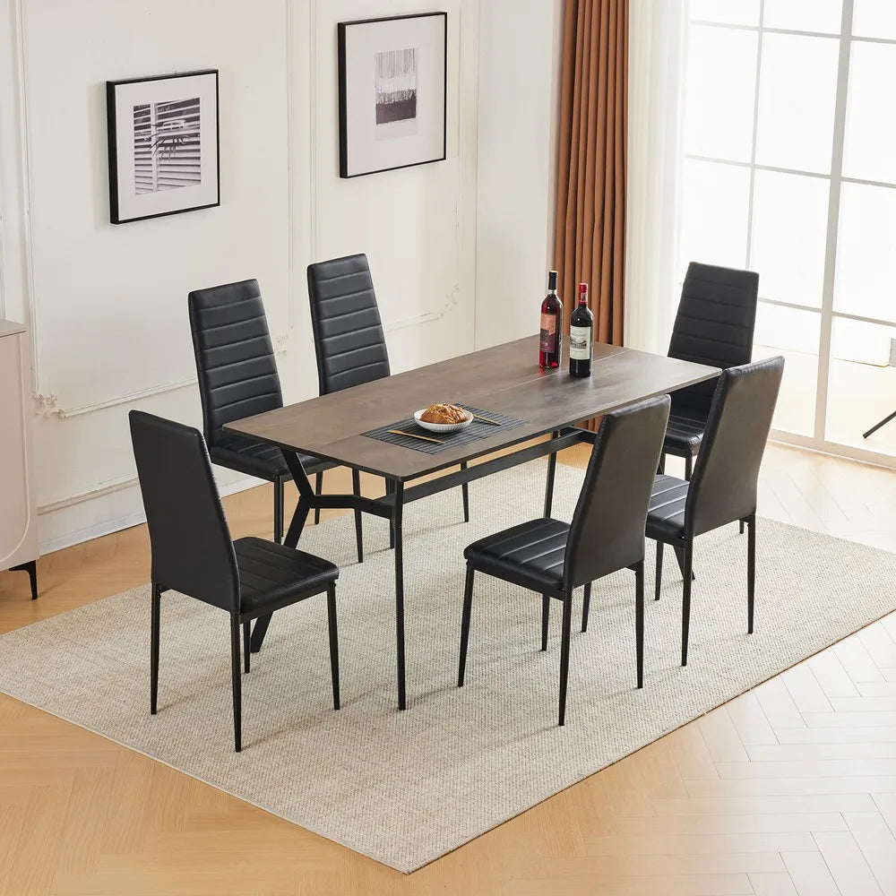 Dining Set Modern Wood Top Table & 6 Chairs