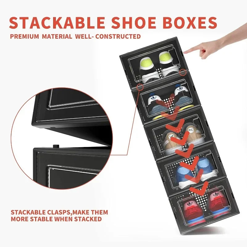 12 Pack Shoe Organizer Boxes Black Plastic Stackable