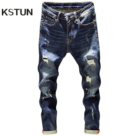 Ripped Jeans Slim Fit Dark Blue Destroyed Denim