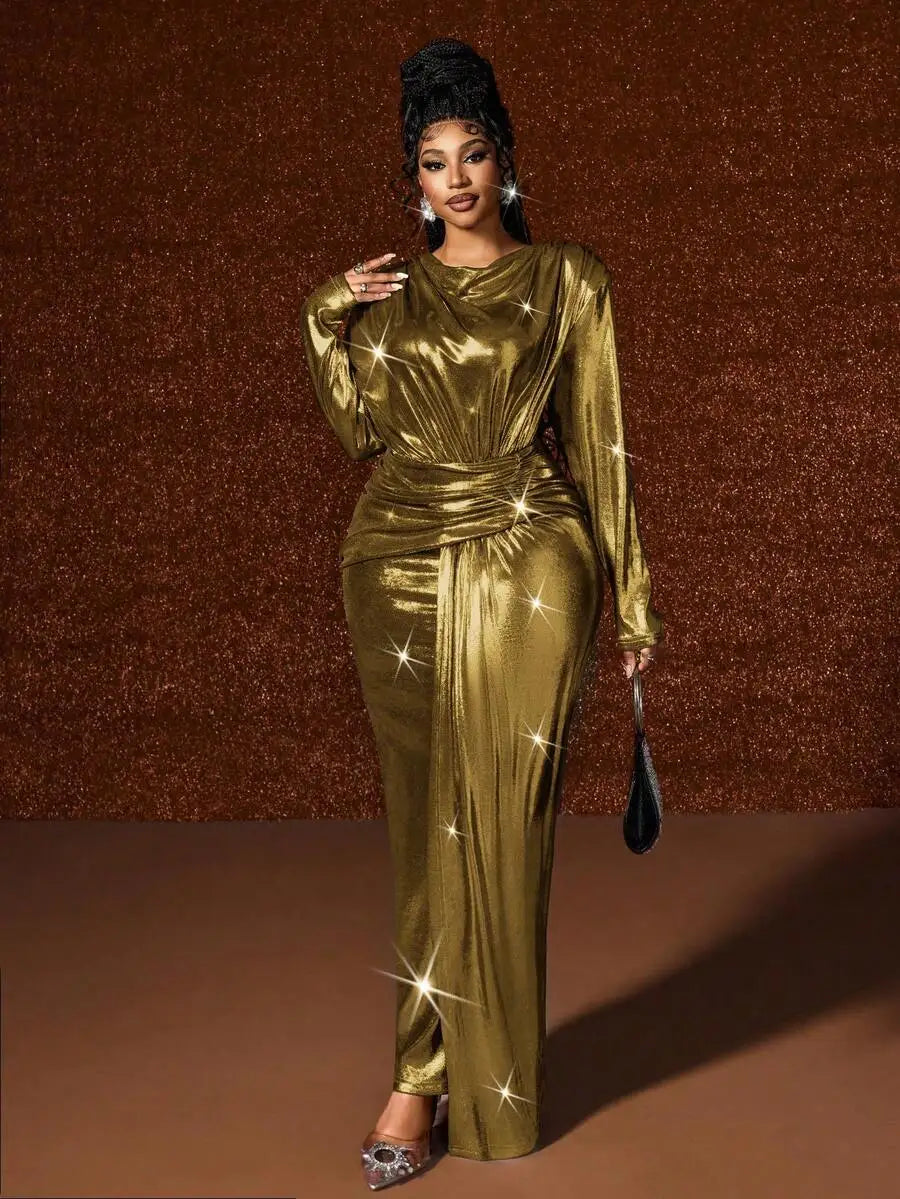 Plus Size Long Sleeve Shiny Metallic Wrap Dress