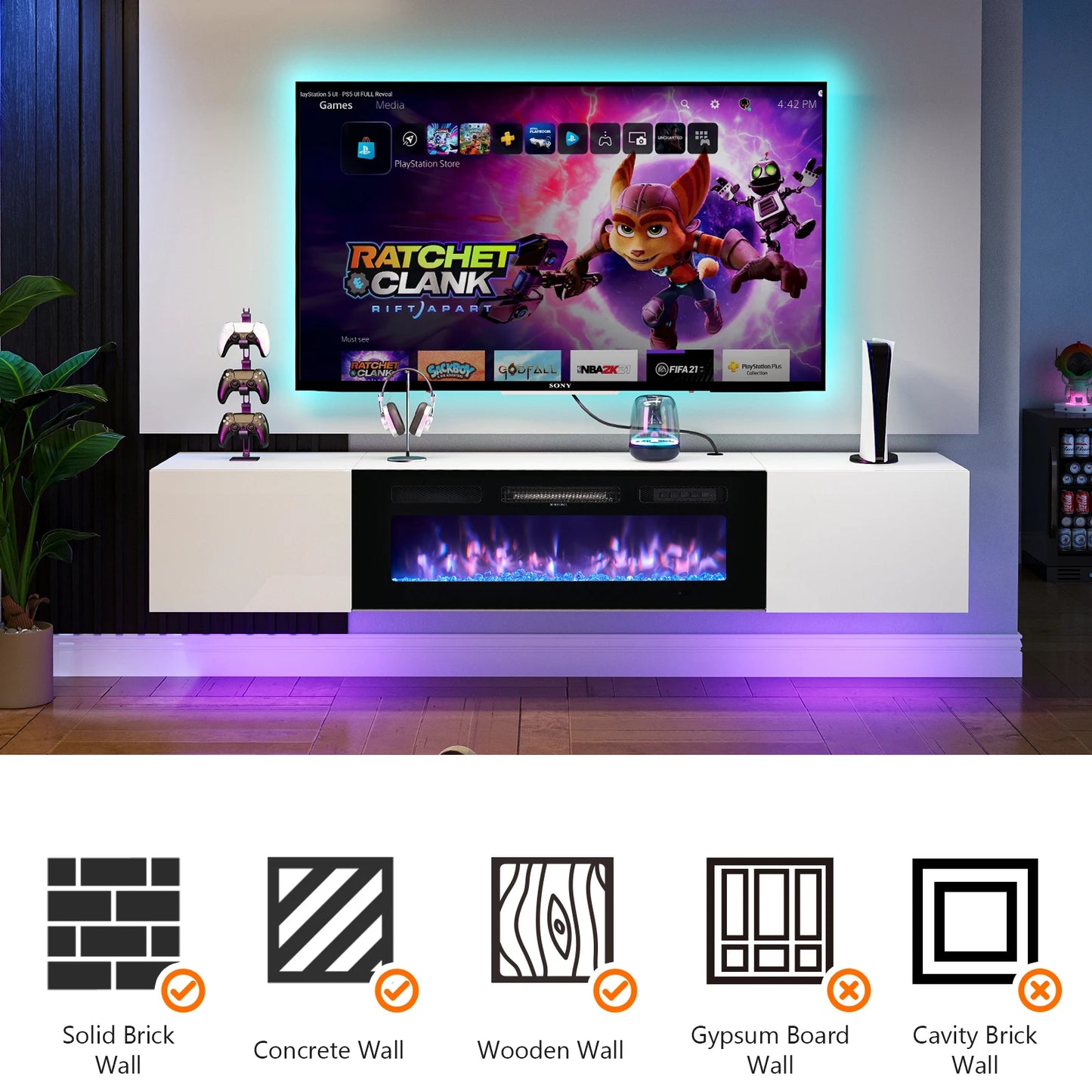 Floating TV Stand 70" Wall Mounted Entertainment Center with 36" Electric Fireplace