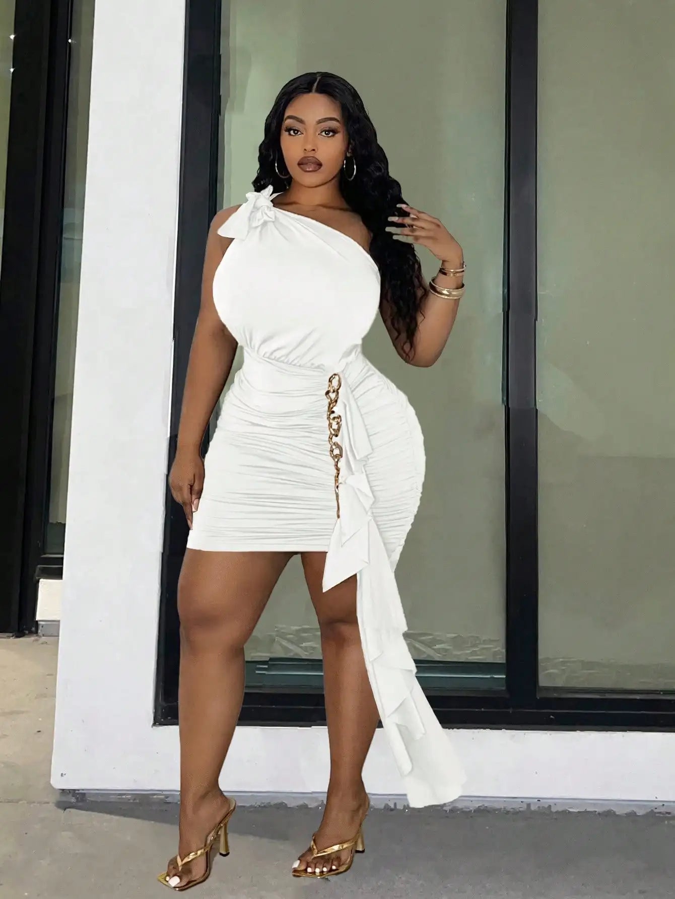 Plus Size White One-Shoulder Mini Dress