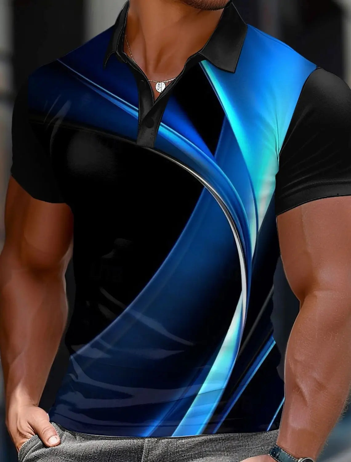 3d Colorful Line Print Short Sleeve Polo Shirt