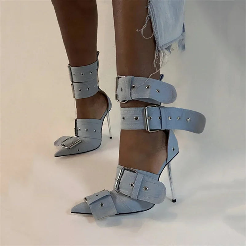 Rivet Buckle Silver Sexy Pointed Hollow High Heels