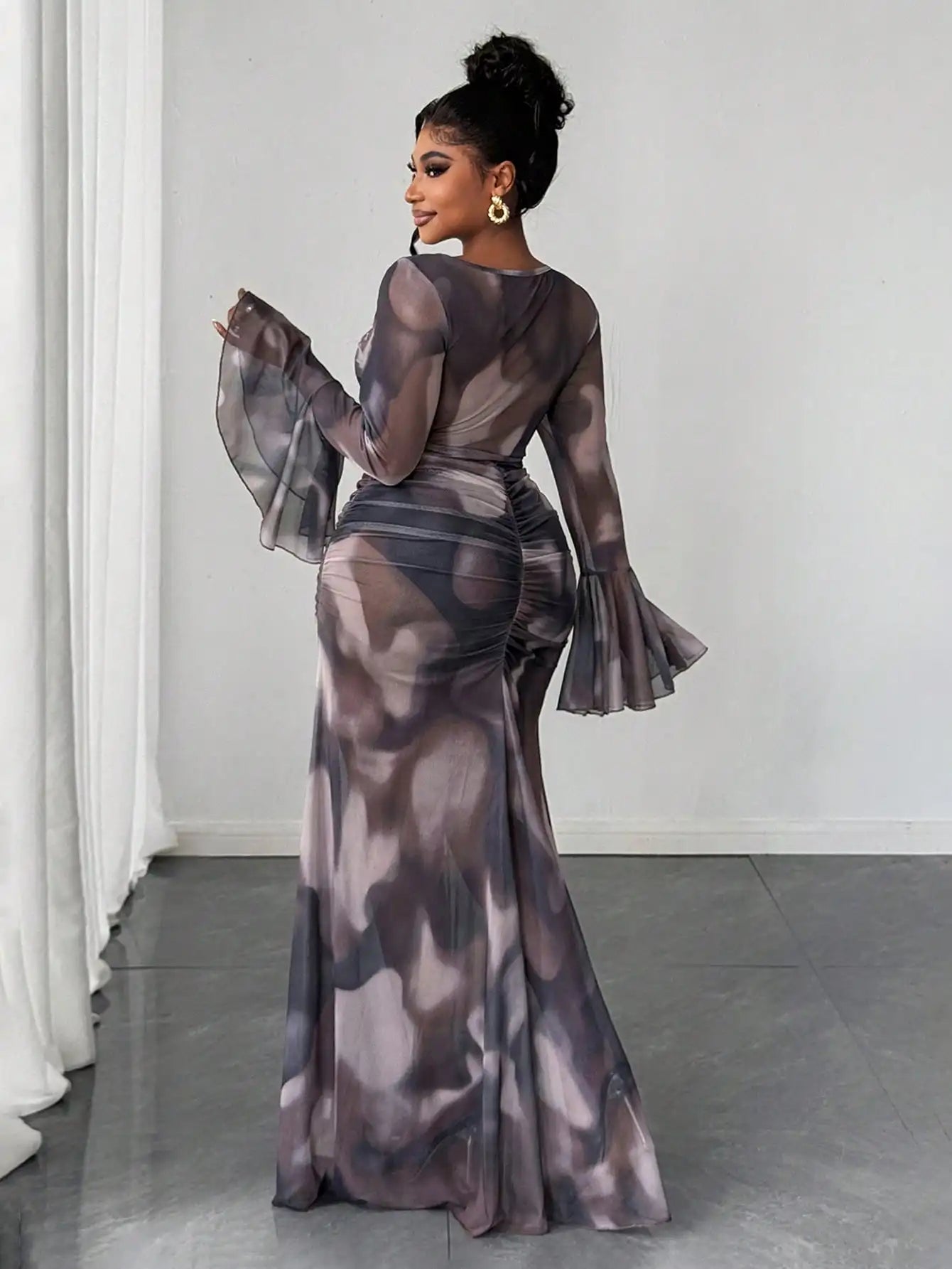 Plus Size Semi-Sheer Long Sleeve Maxi Dress