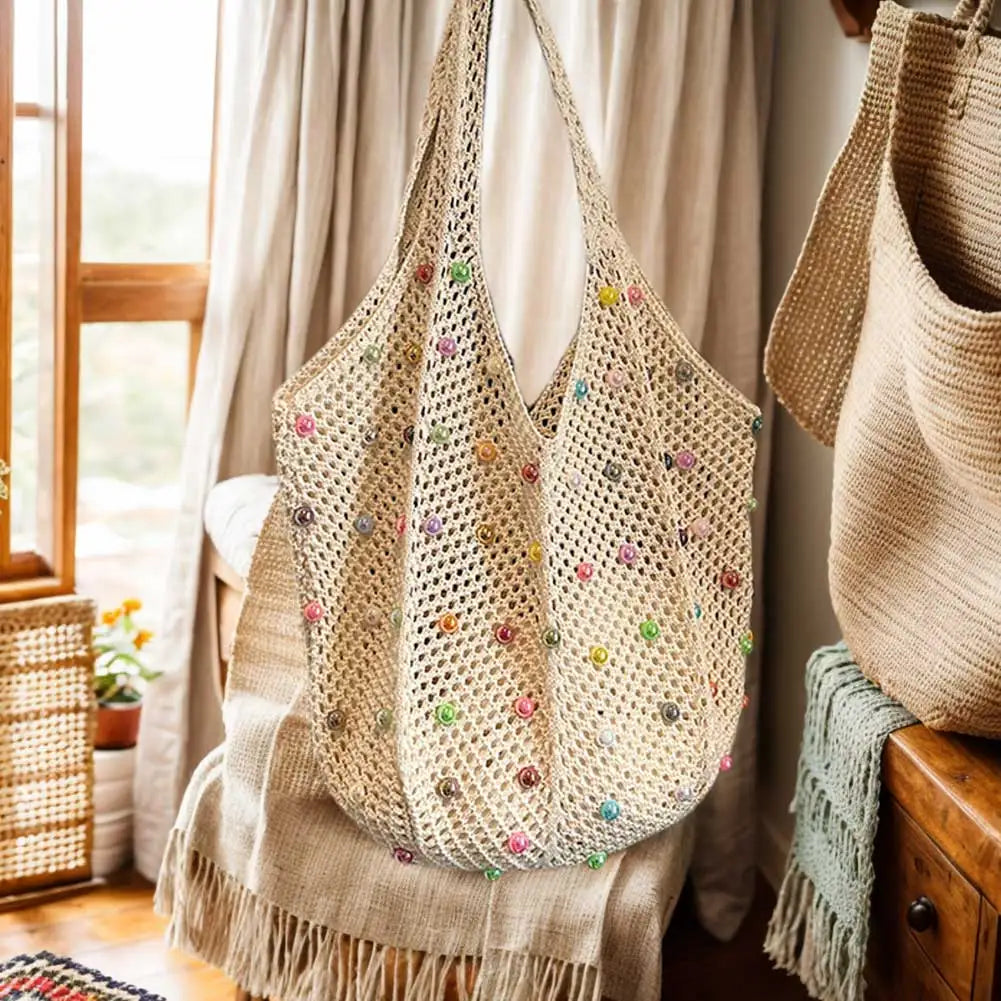 Boho Crochet Bag with Colored Beads Large Capacity