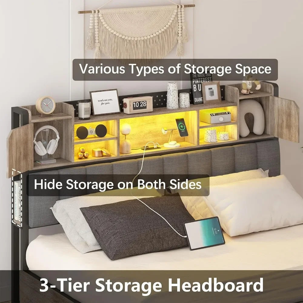 Queen Bed Frame Bookcase Headboard LED Lights W/ Charging Station