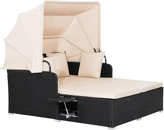 Outdoor Wicker Sunbed w/Cushions, 4 Pillows & 2 Retractable Side Trays