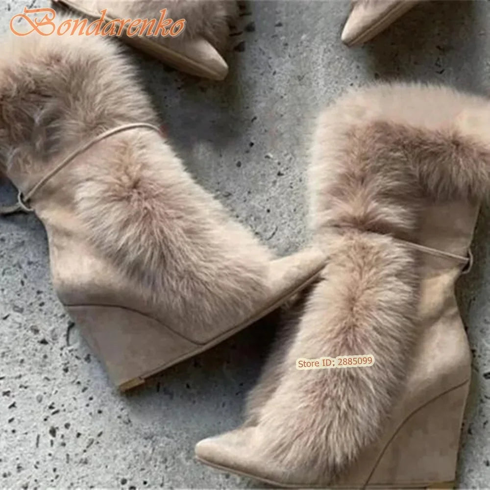 Fur Suede Wedge Boots Pointy Toe Solid Mid Calf