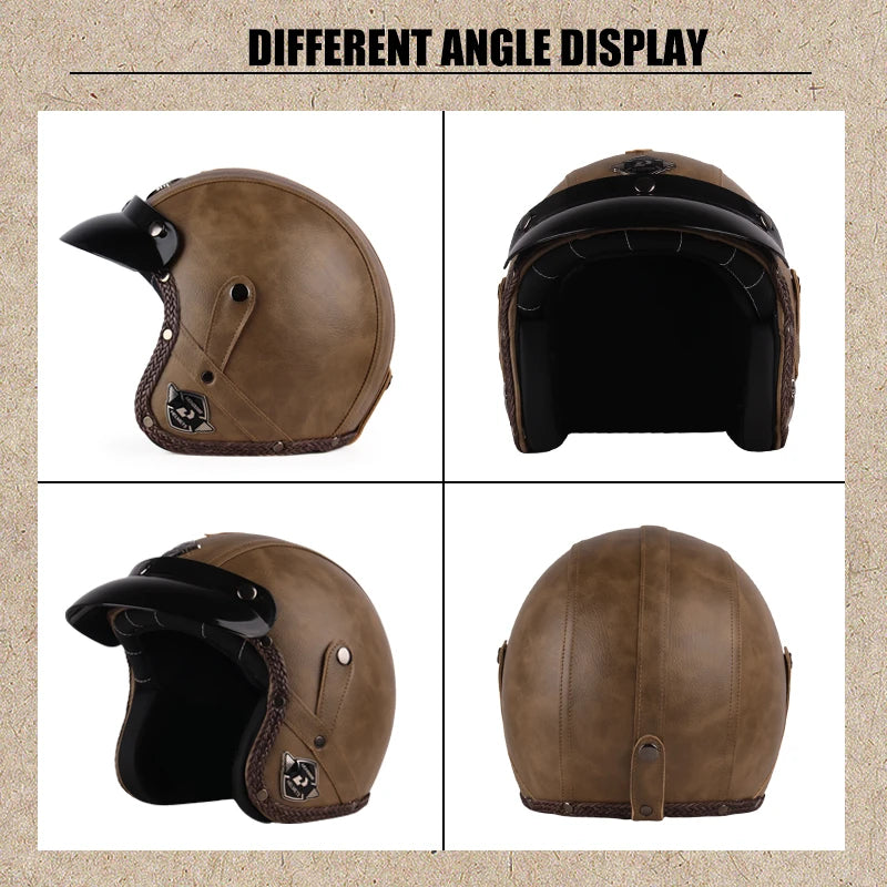 Uchoose Leather Retro Motorcycle Helmet Open Face