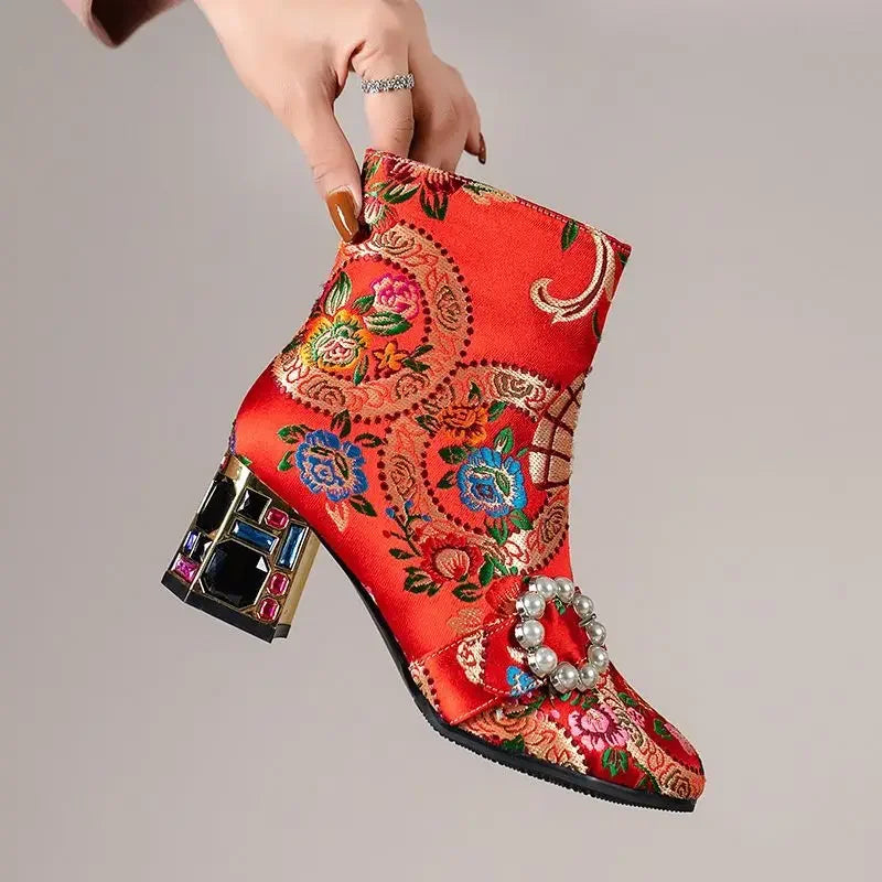 Embroidery Floral Ankle Boots Genuine Leather