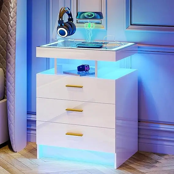 2 Set Nightstands with Wireless Charging Station, Auto Sensor 3 Color Dimmable LED