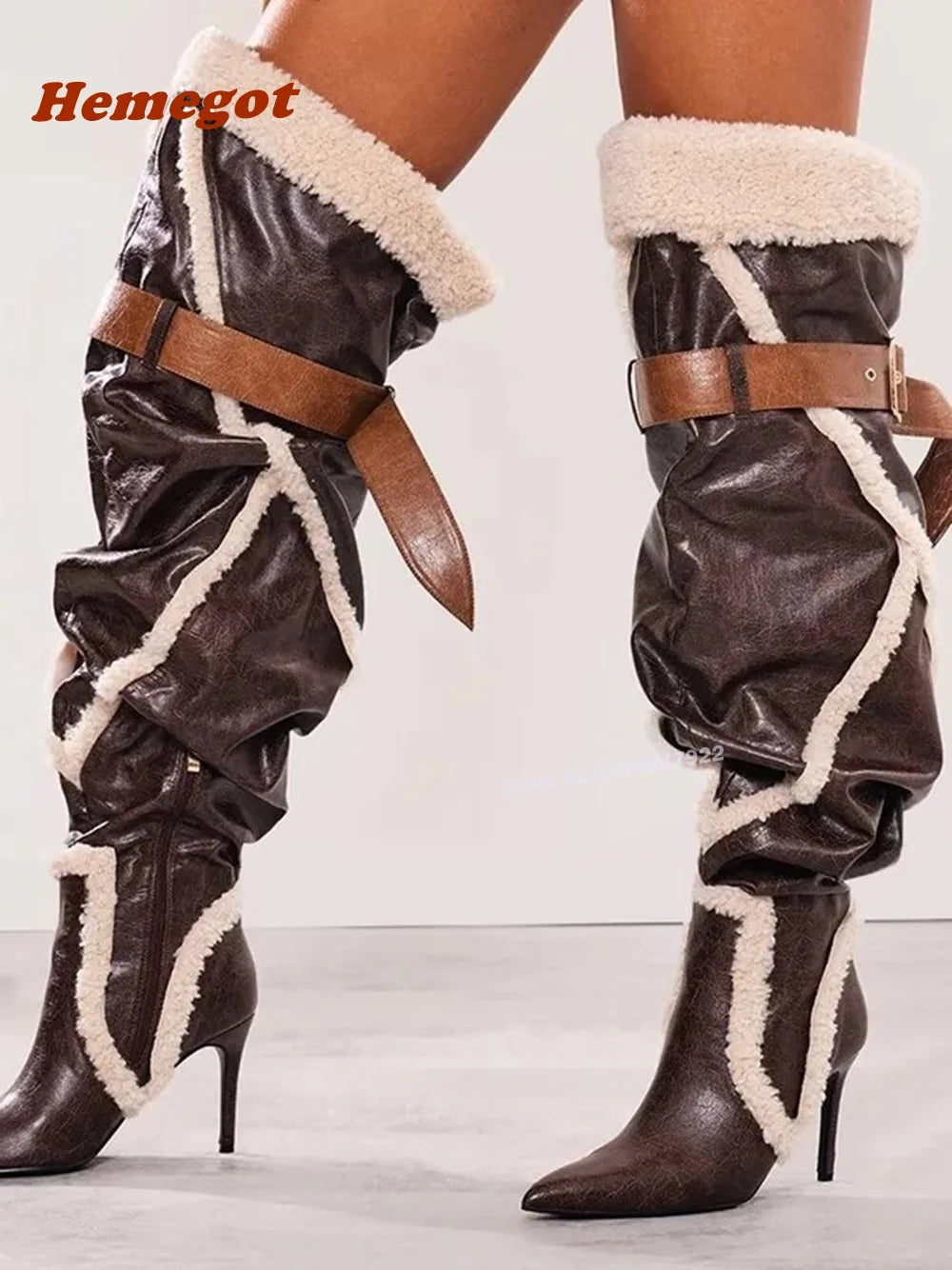 Patchwork Plush Leather Over the Knee Boots Pointy Toe Stiletto Heels